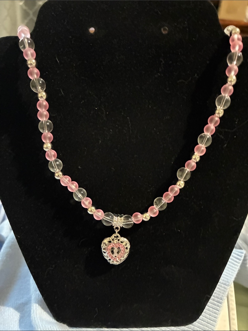 Pink Beaded Heart Pendant Necklace by
